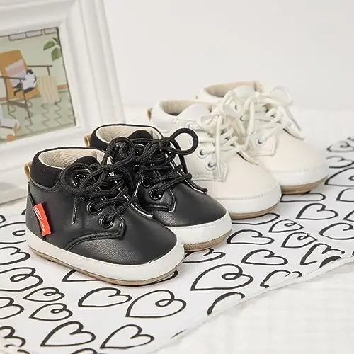 Meckior Toddler Baby Boys Girls High Tops To'piq oyoq kiyimlari Yumshoq sirpanishga qarshi taglik PU Teri mokasinlar Chaqaloq yangi tug'ilgan Prewalker Birinchi yuradigan krovat poyafzallari - 2