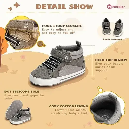 Meckior Toddler Baby Boys Girls High Tops To'piq Sneakers Yumshoq Sirpanishga qarshi Taglik PU Teri Mokasinlar Chaqaloq Yangi tug'ilgan Prewalker Birinchi Yurish Beshik Poyafzallari - 5