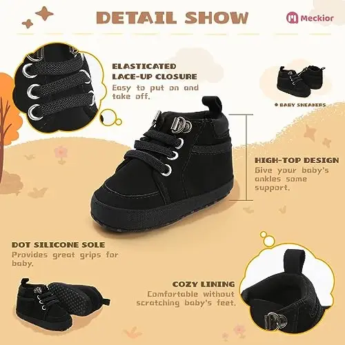 Meckior Toddler Baby Boys Girls High Tops To'piqlari baland etiklar Yumshoq sirpanishga qarshi taglik PU charm mokasinlar Chaqaloq yangi tug'ilgan Prewalker Birinchi yurish krovat poyabzallari - 3