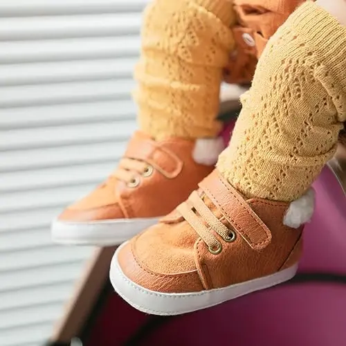 Meckior Toddler Baby Boys Girls High Tops To'piqlari baland krossovkalar Yumshoq sirpanishga qarshi PU teri Mokasinlar Chaqaloq yangi tug'ilgan Prewalker Birinchi yurish uchun krovat poyabzallari - 3