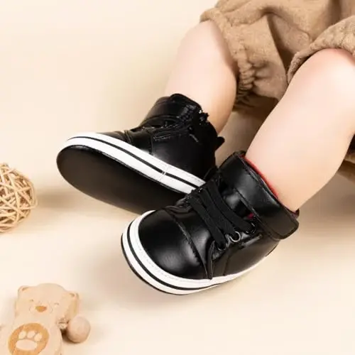 Meckior Toddler Baby Boys Girls High Tops to'piqlari Yumshoq sirpanishga qarshi taglik PU teri Mokasinlar Chaqaloq yangi tug'ilgan Prewalker Birinchi yurish karavatchasi poyabzallari - 3