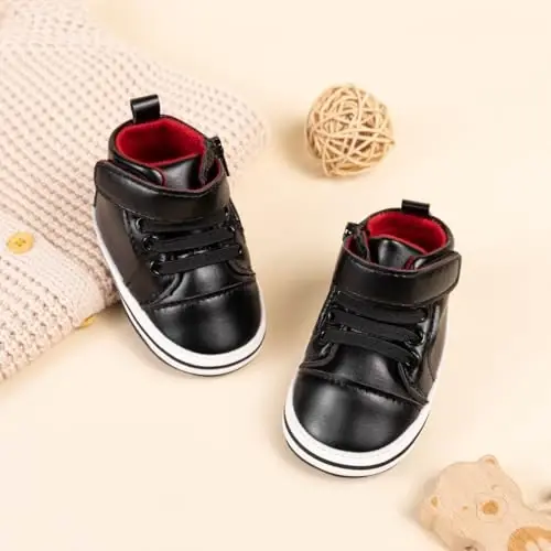 Meckior Toddler Baby Boys Girls High Tops to'piqlari Yumshoq sirpanishga qarshi taglik PU teri Mokasinlar Chaqaloq yangi tug'ilgan Prewalker Birinchi yurish karavatchasi poyabzallari - 4