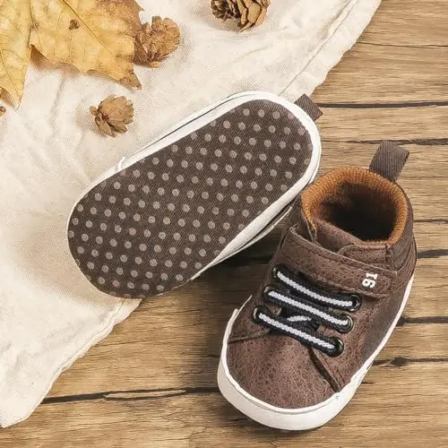 Meckior Toddler Baby Boys Girls High Tops to'piqlari Yumshoq sirpanishga qarshi taglik PU Teri mokasinlar Chaqaloq yangi tug'ilgan Prewalker Birinchi yurish karavatchasi poyabzallari - 6