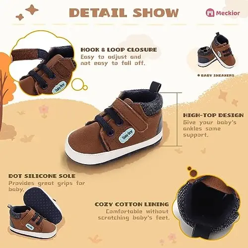 Meckior Toddler Baby Boys Girls High Tops to'piqlari Yumshoq sirpanishga qarshi taglik PU teri mokasinlari Chaqaloq yangi tug'ilgan chaqaloq Prewalker Birinchi yurish karavatchasi poyabzallari - 5