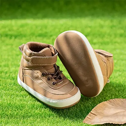 Meckior Toddler Baby Boys Girls High Tops to'piqlari Yumshoq sirpanishga qarshi taglik PU teri mokasinlari Go'dak yangi tug'ilgan chaqaloq Prewalker Birinchi yuradigan to'shak poyafzallari - 4