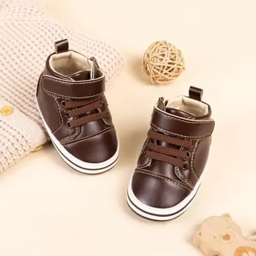 Meckior Toddler Baby Boys Girls High Tops to'piqli oyoq Bilagi zo'r krossovkalar Yumshoq sirpanishga qarshi taglik PU teri mokasinlari Chaqaloq yangi tug'ilgan Prewalker Birinchi yuradigan karavatcha poyafzallari - 4