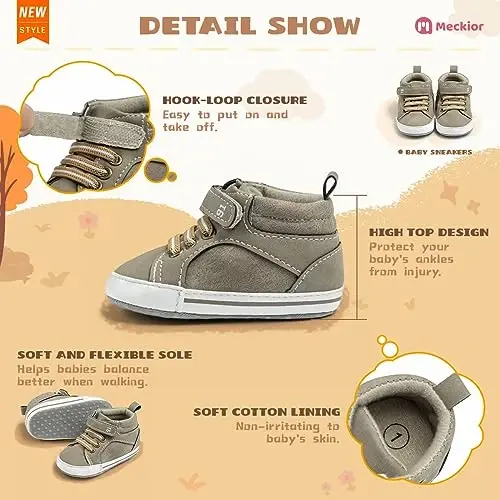 Meckior Toddler Baby Boys Girls High Tops Ankle Sneakers Soft Anti-Slip Sole PU Leather Moccasins Infant Newborn Prewalker First Walking Crib Shoes - 3
