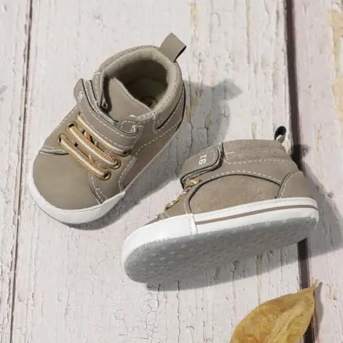 Meckior Toddler Baby Boys Girls High Tops Ankle Sneakers Soft Anti-Slip Sole PU Leather Moccasins Infant Newborn Prewalker First Walking Crib Shoes - 6