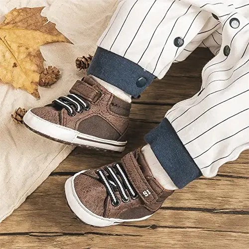 Meckior Toddler Baby Boys Girls High Tops Ankle Sneakers Soft Anti-Slip Sole PU Leather Moccasins Infant Newborn Prewalker First Walking Crib Shoes - 3