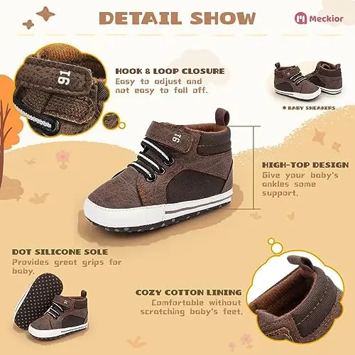 Meckior Toddler Baby Boys Girls High Tops Ankle Sneakers Soft Anti-Slip Sole PU Leather Moccasins Infant Newborn Prewalker First Walking Crib Shoes - 4