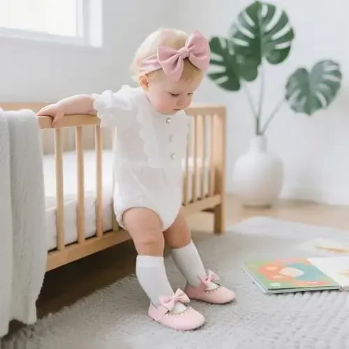 Meckior yangi tug'ilgan chaqaloq qizlar ko'ylak poyafzallari Infant Bowknot yumshoq taglik Mary Jane mokasinlari Cho'qintirish marosimi Beshik poyafzallari To'y malika baletkalari - 6