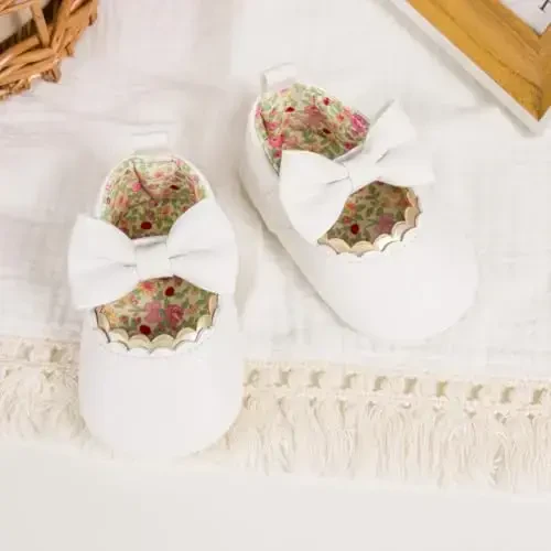 Meckior Newborn Baby Girls Dress Shoes Infant Bowknot Soft Sole Mary Jane Moccasins Baptism Christening Crib Shoes Wedding Princess Flats - 6