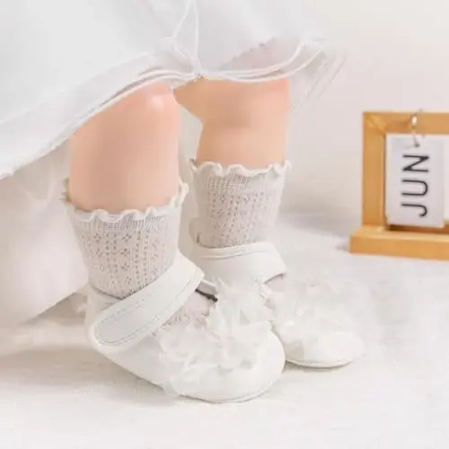 Meckior Newborn Baby Girls Dress Shoes Infant Bowknot Soft Sole Mary Jane Moccasins Baptism Christening Crib Shoes Wedding Princess Flats - 2
