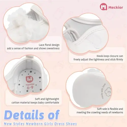 Meckior Newborn Baby Girls Dress Shoes Infant Bowknot Soft Sole Mary Jane Moccasins Baptism Christening Crib Shoes Wedding Princess Flats - 5