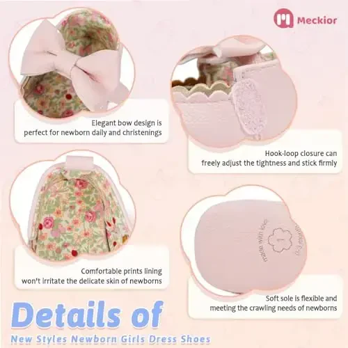 Meckior Newborn Baby Girls Dress Shoes Infant Bowknot Soft Sole Mary Jane Moccasins Baptism Christening Crib Shoes Wedding Princess Flats - 4