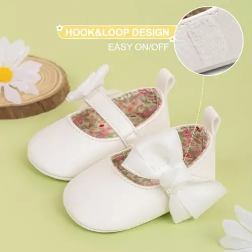 Meckior Newborn Baby Girls Dress Shoes Infant Bowknot Soft Sole Mary Jane Moccasins Baptism Christening Crib Shoes Wedding Princess Flats 