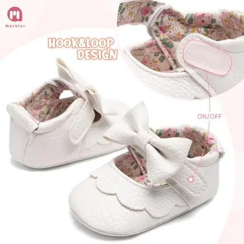 Meckior Newborn Baby Girls Dress Shoes Infant Bowknot Soft Sole Mary Jane Moccasins Baptism Christening Crib Shoes Wedding Princess Flats 
