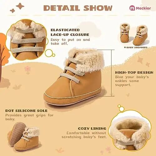 Meckior Toddler Baby Boys Girls High Tops Ankle Sneakers Soft Anti-Slip Sole PU Leather Moccasins Infant Newborn Prewalker First Walking Crib Shoes - 4