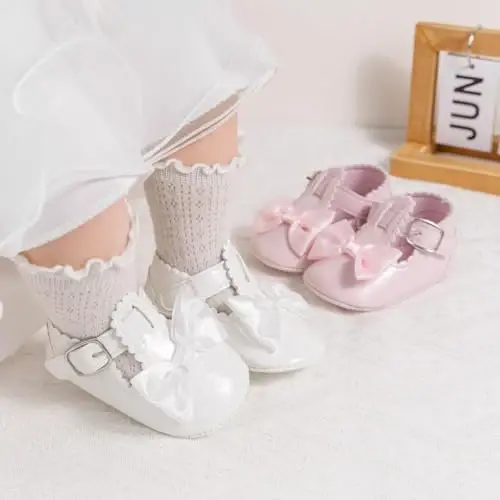 Meckior Newborn Baby Girls Dress Shoes Infant Bowknot Soft Sole Mary Jane Moccasins Baptism Christening Crib Shoes Wedding Princess Flats - 2