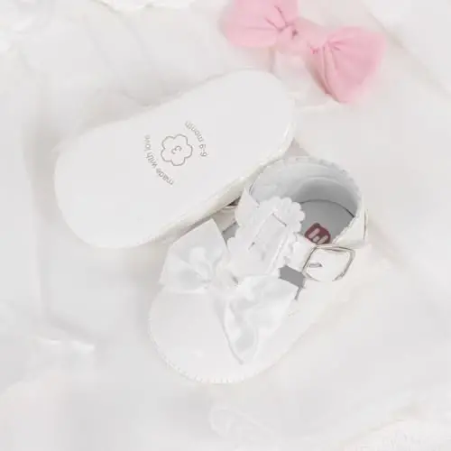 Meckior Newborn Baby Girls Dress Shoes Infant Bowknot Soft Sole Mary Jane Moccasins Baptism Christening Crib Shoes Wedding Princess Flats - 3