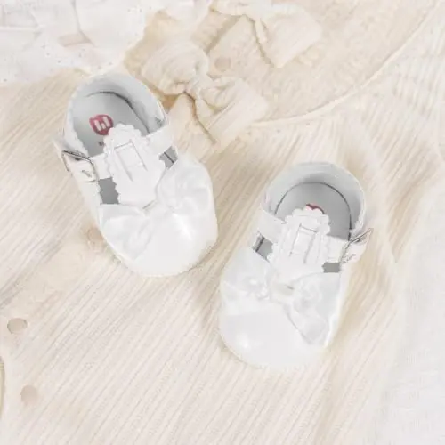 Meckior Newborn Baby Girls Dress Shoes Infant Bowknot Soft Sole Mary Jane Moccasins Baptism Christening Crib Shoes Wedding Princess Flats - 4