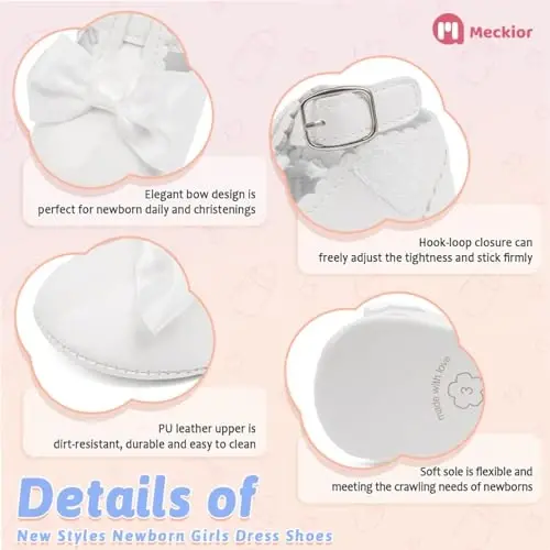 Meckior Newborn Baby Girls Dress Shoes Infant Bowknot Soft Sole Mary Jane Moccasins Baptism Christening Crib Shoes Wedding Princess Flats - 5