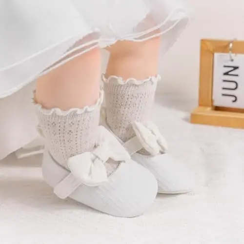 Meckior Newborn Baby Girls Dress Shoes Infant Bowknot Soft Sole Mary Jane Moccasins Baptism Christening Crib Shoes Wedding Princess Flats - MECKIOR (1)