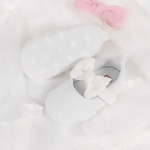 Meckior Newborn Baby Girls Dress Shoes Infant Bowknot Soft Sole Mary Jane Moccasins Baptism Christening Crib Shoes Wedding Princess Flats - 3