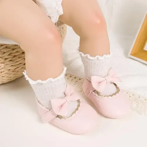 Meckior Newborn Baby Girls Dress Shoes Infant Bowknot Soft Sole Mary Jane Moccasins Baptism Christening Crib Shoes Wedding Princess Flats - MECKIOR (1)