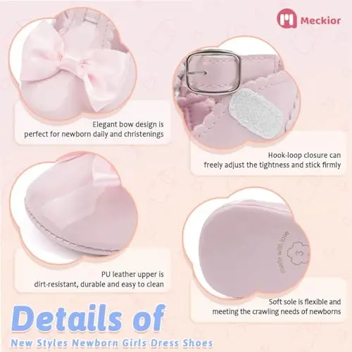 Meckior Newborn Baby Girls Dress Shoes Infant Bowknot Soft Sole Mary Jane Moccasins Baptism Christening Crib Shoes Wedding Princess Flats - 5