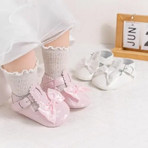 Meckior Newborn Baby Girls Dress Shoes Infant Bowknot Soft Sole Mary Jane Moccasins Baptism Christening Crib Shoes Wedding Princess Flats - 2