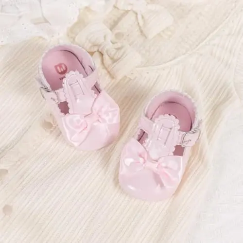 Meckior Newborn Baby Girls Dress Shoes Infant Bowknot Soft Sole Mary Jane Moccasins Baptism Christening Crib Shoes Wedding Princess Flats - 4