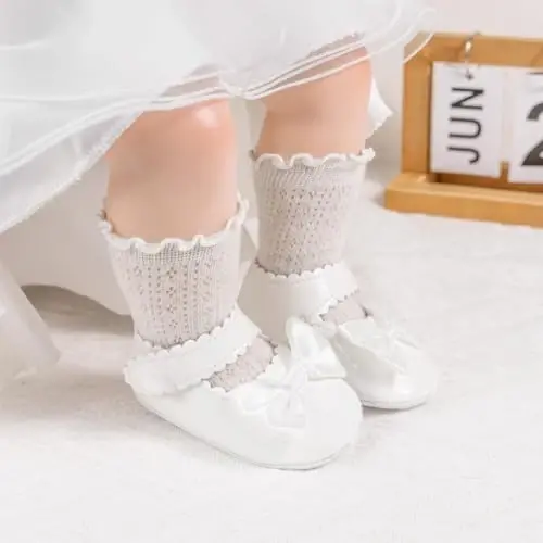 Meckior Newborn Baby Girls Dress Shoes Infant Bowknot Soft Sole Mary Jane Moccasins Baptism Christening Crib Shoes Wedding Princess Flats - 2