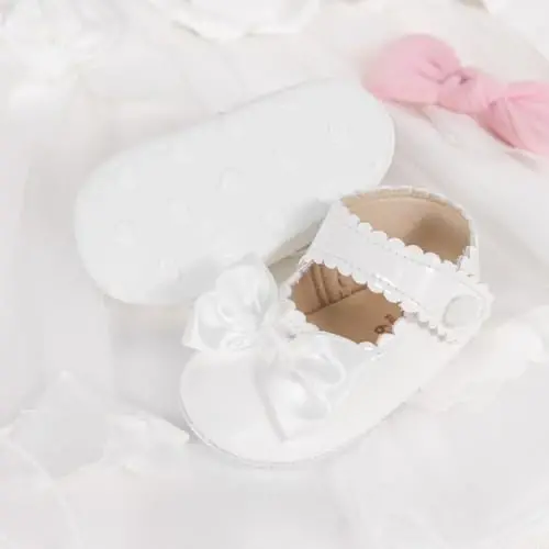 Meckior Newborn Baby Girls Dress Shoes Infant Bowknot Soft Sole Mary Jane Moccasins Baptism Christening Crib Shoes Wedding Princess Flats - 3