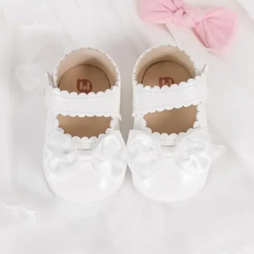 Meckior Newborn Baby Girls Dress Shoes Infant Bowknot Soft Sole Mary Jane Moccasins Baptism Christening Crib Shoes Wedding Princess Flats - 4