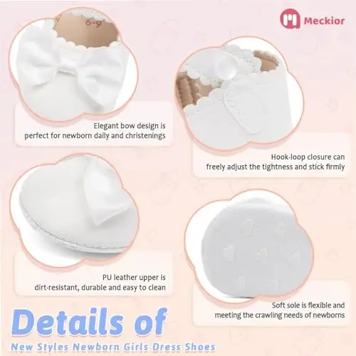 Meckior Newborn Baby Girls Dress Shoes Infant Bowknot Soft Sole Mary Jane Moccasins Baptism Christening Crib Shoes Wedding Princess Flats - 5