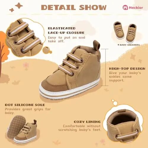 Meckior Toddler Baby Boys Girls High Tops Ankle Sneakers Soft Anti-Slip Sole PU Leather Moccasins Infant Newborn Prewalker First Walking Crib Shoes - 5
