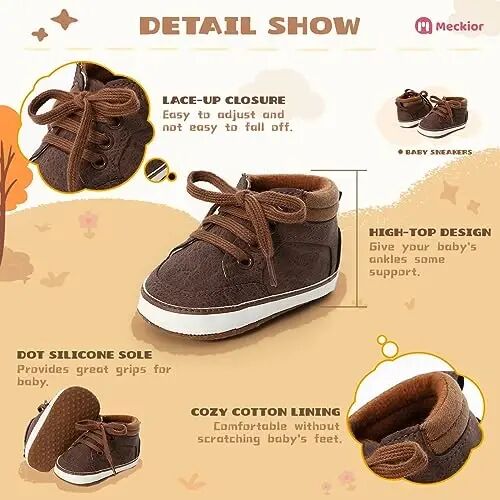 Meckior Toddler Baby Boys Girls High Tops Ankle Sneakers Soft Anti-Slip Sole PU Leather Moccasins Infant Newborn Prewalker First Walking Crib Shoes - 5