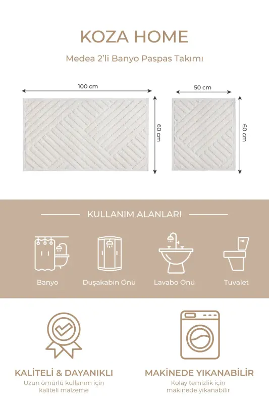 Medea Krem 2 dona Paxta Vanna Xonasi Gilam To'plami 60x100 60x50 8594 - 4