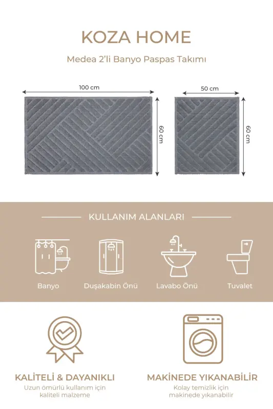 Medea Kulrang 2 dona Paxta Vanna Xonasi Gilam To'plami 60x100 60x50 8593 - 1