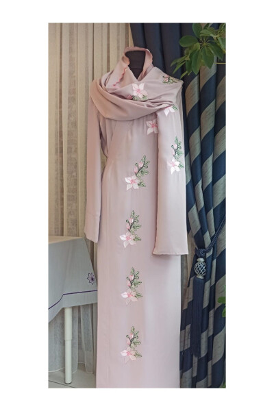 Medina Silk Embroidered Headscarf+Robe, Silk Dressing Gown, Trousseau Prayer Dress & Gown - 1