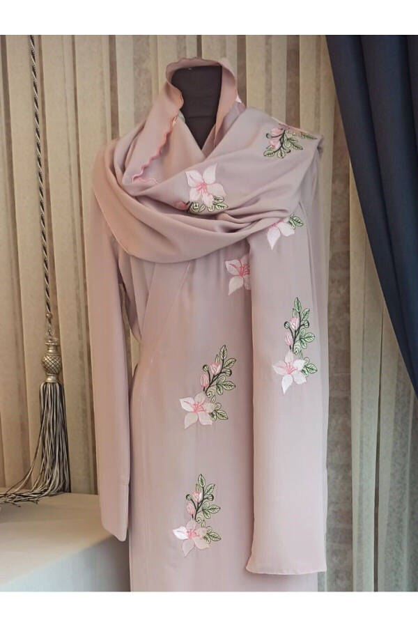 Medina Silk Embroidered Headscarf+Robe, Silk Dressing Gown, Trousseau Prayer Dress & Gown - 2