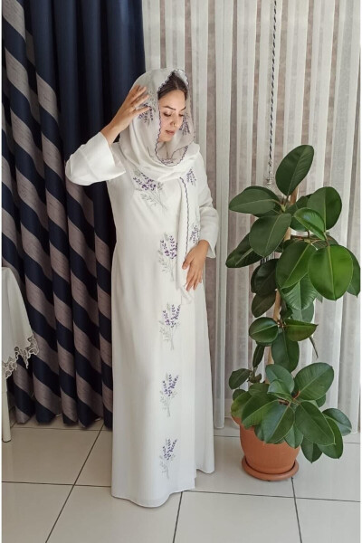 Medine Ipeği Nakışlı Bağlamalı Namaz Elbisesi+şal, Ipek Sabahlık, Çeyizlik Namaz Elbisesi & Sabahlık - MISUE HANDMADE