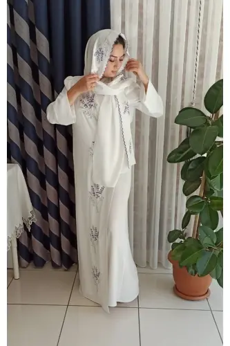 Medine Ipeği Nakışlı Bağlamalı Namaz Elbisesi+şal, Ipek Sabahlık, Çeyizlik Namaz Elbisesi & Sabahlık - Ekru - MISUE HANDMADE (1)