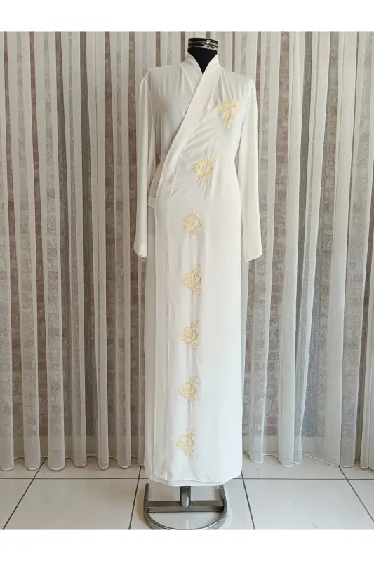 Medine Silk Embroidered Tie Prayer Dress+shawl, Silk Dressing Gown, Trousseau Prayer Dress & Dressing Gown-Off White - 3