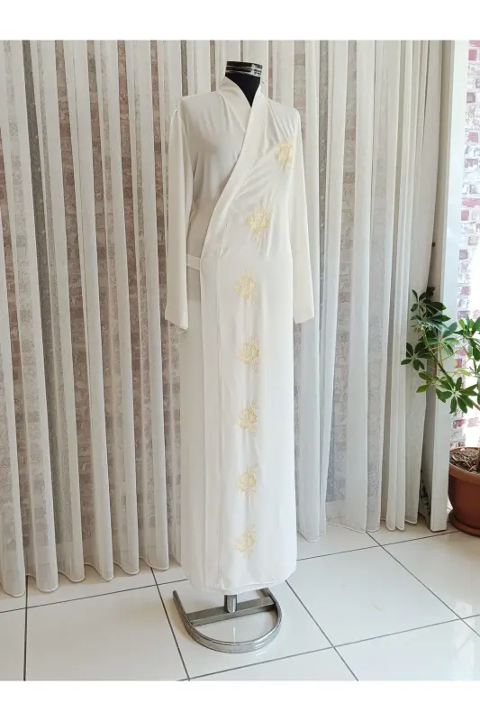 Medine Silk Embroidered Tie Prayer Dress+shawl, Silk Dressing Gown, Trousseau Prayer Dress & Dressing Gown-Off White - 4