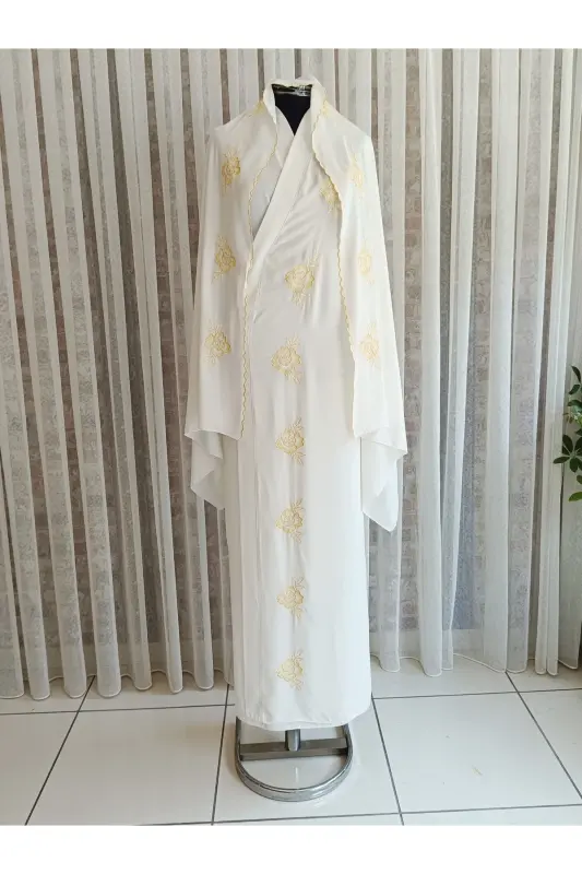 Medine Silk Embroidered Tie Prayer Dress+shawl, Silk Dressing Gown, Trousseau Prayer Dress & Dressing Gown-Off White - 8