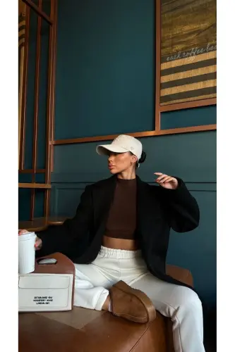 medium size buttoned oversized cut loose lined replica pinterest model cachet blazer jacket coat - black - GENEL MARKALAR (1)