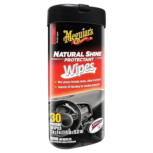 Meguiar's Natural Shine Protectant Wipes - 30 Full Size Car Care Wipes Clean and Protect Vinyl, Rubber, and Plastic Surfaces - Streak-Free Wipes with UV Protection and Leave a Satin, Non-Greasy Shine 