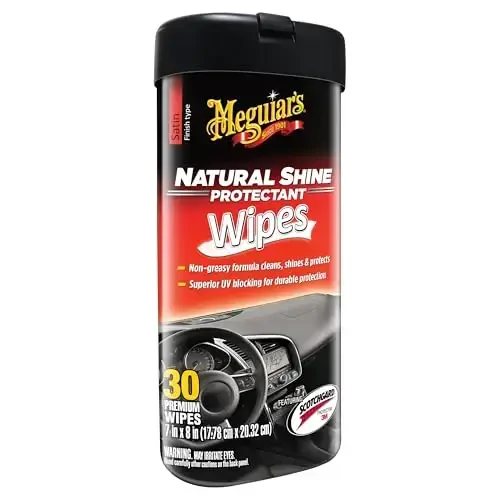 Meguiar's Natural Shine Protectant Wipes - 30 Full Size Car Care Wipes Clean and Protect Vinyl, Rubber, and Plastic Surfaces - Streak-Free Wipes with UV Protection and Leave a Satin, Non-Greasy Shine - 1